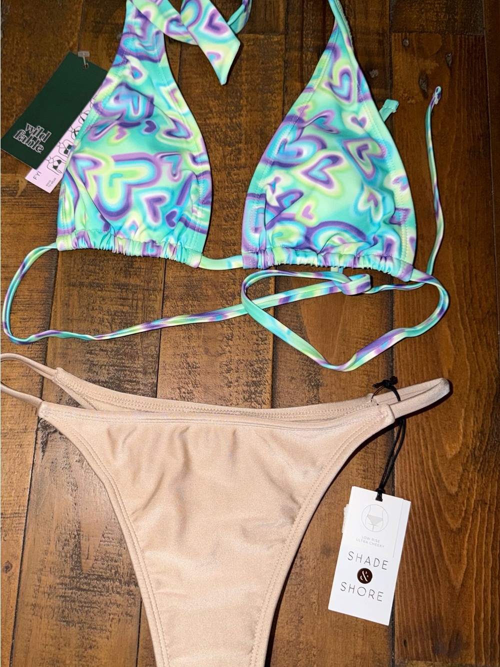 Target Multi-Color Heart Print Triangle Bikini Top with Beige Bikini Bottom